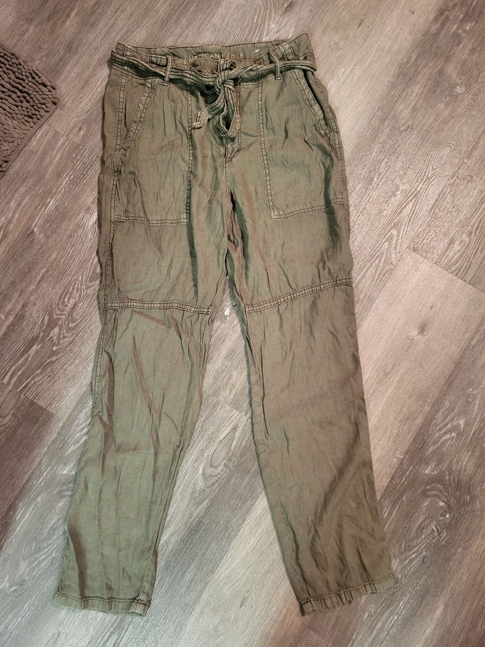 American Eagle Green Belted High-Rise Linen Blend Straight Leg Pants Women's 8